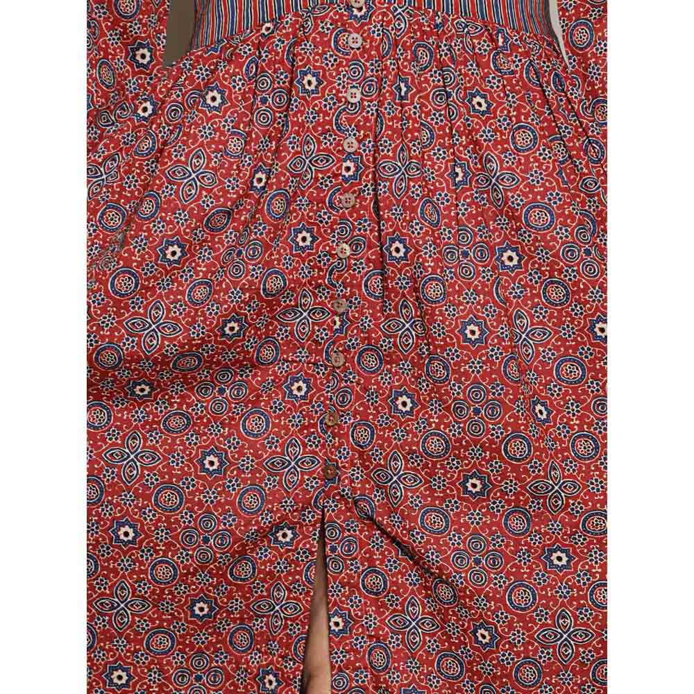 Spring Soul Maroon Printed Cotton Gathered Dress