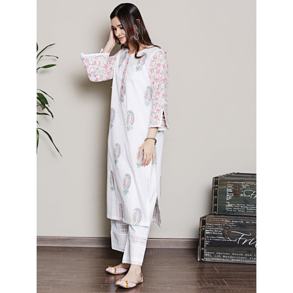 Spring Soul Mix-N-Match White-Pink Mughal Print Kurta and Pant with Dupatta (Set of 3)
