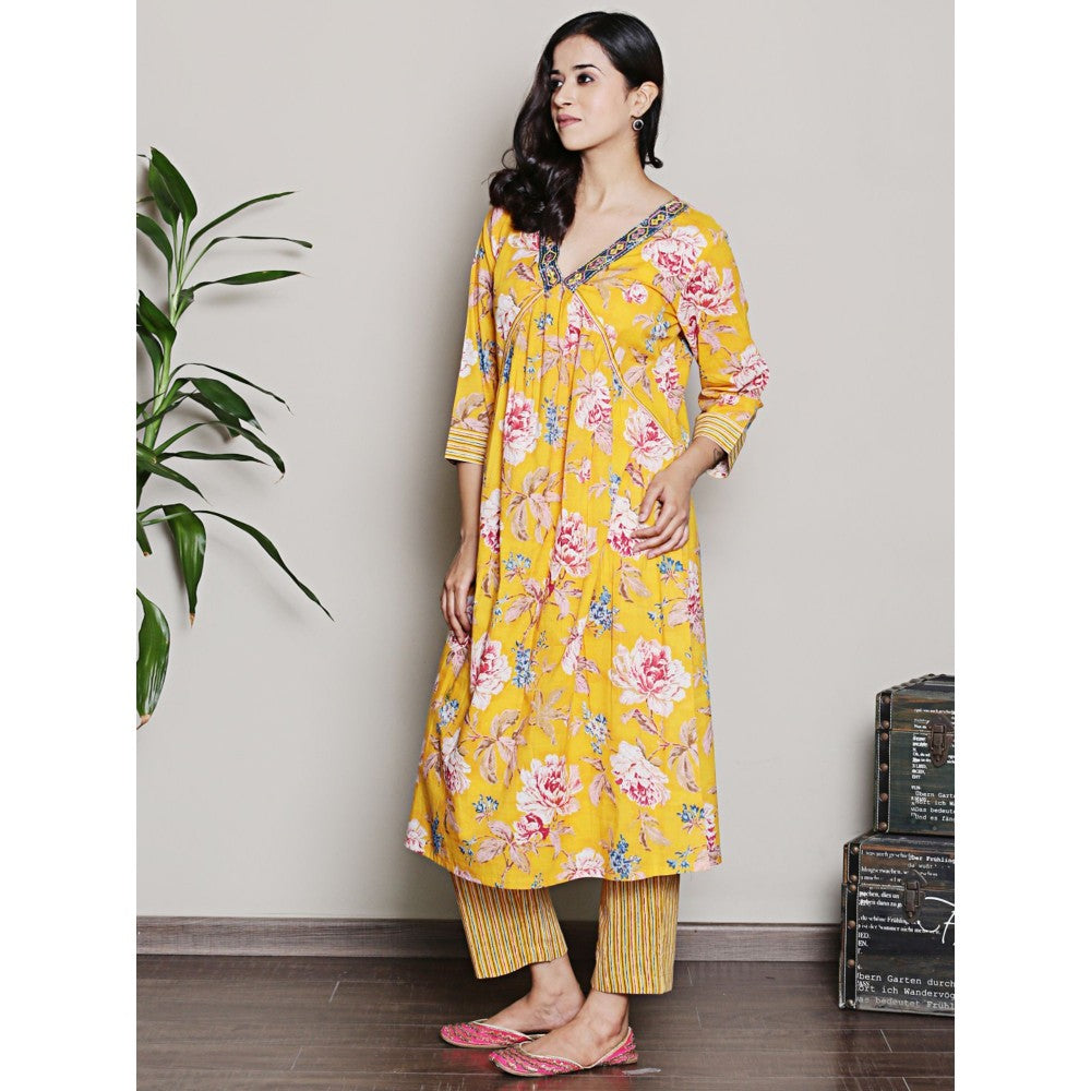 Spring Soul Floral Printed Yellow A Line Kurta with Pant (Set of 2)