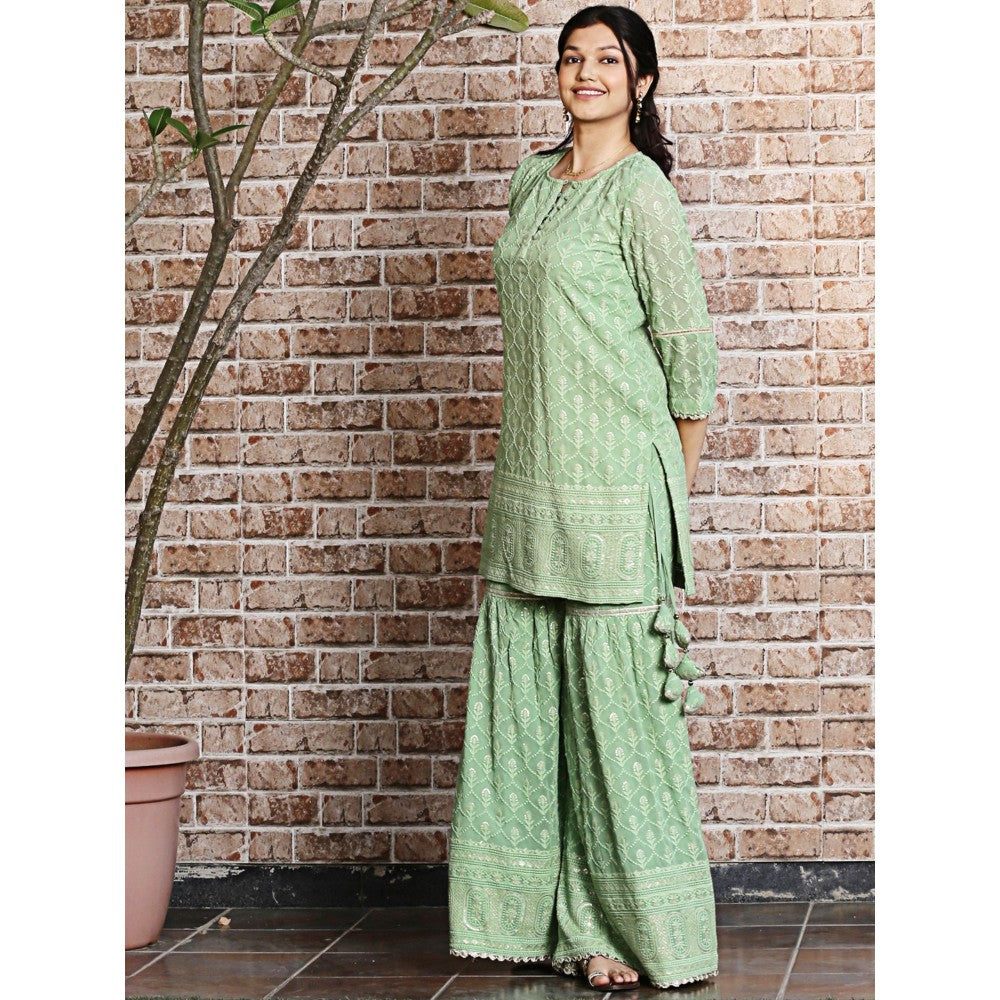 Spring Soul Green Embroidered Sharara with Kurta and Dupatta (Set of 3)