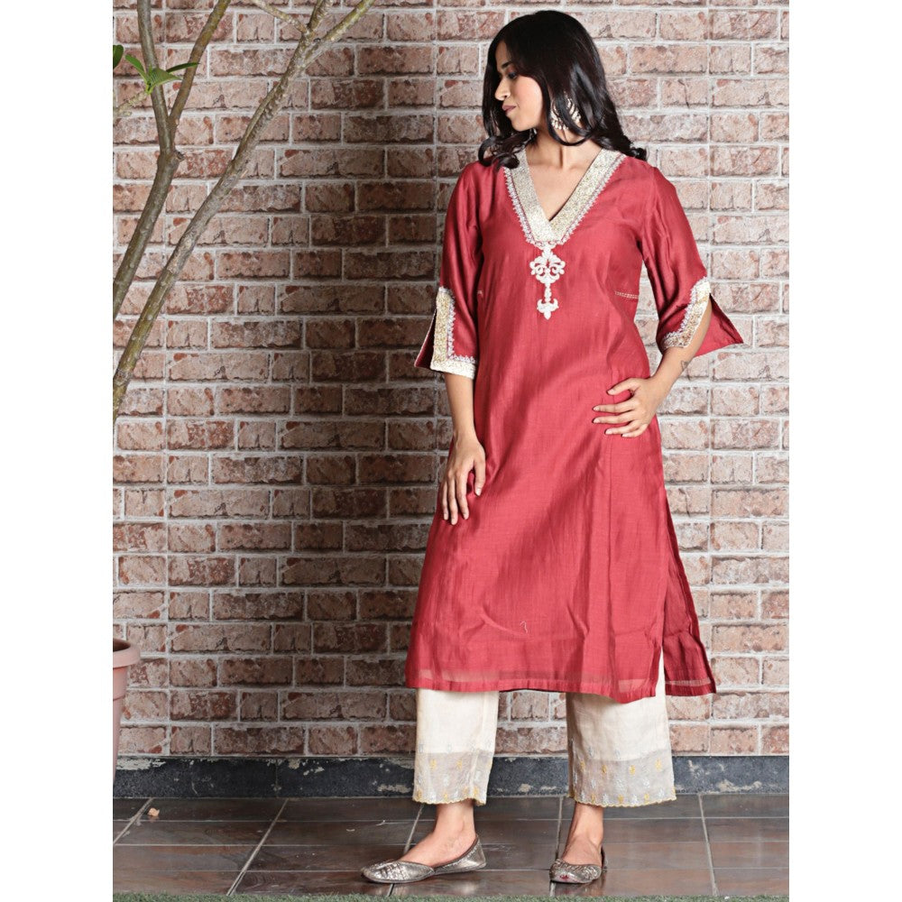 Spring Soul Brick Red Chanderi A-Line Embroidered Kurta and Pant with Dupatta (Set of 3)