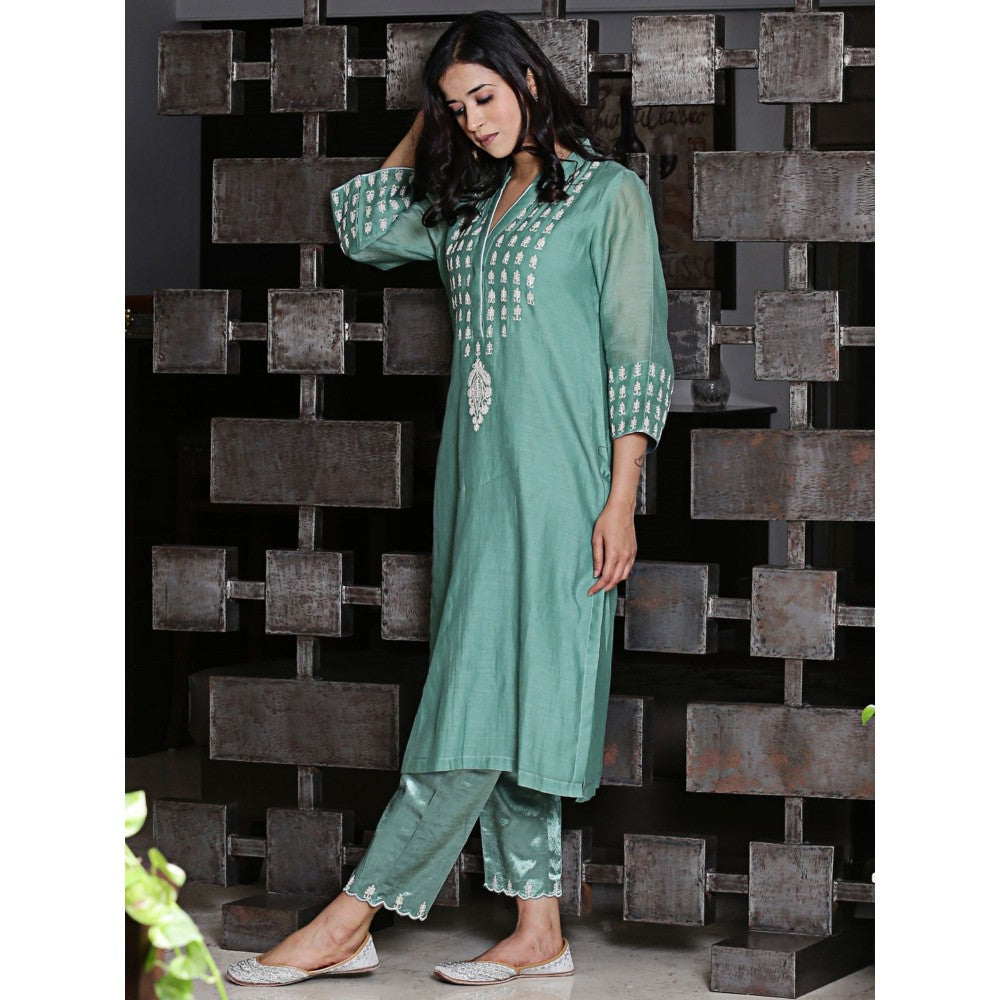 Spring Soul Jade Chanderi A-Line Embroidered Kurta and Pant with Dupatta (Set of 3)