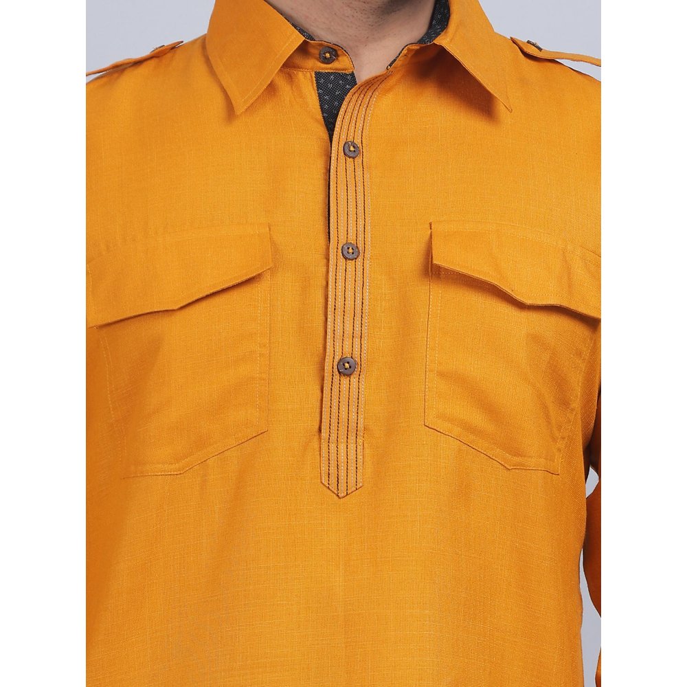 Spring Soul Mustard Cotton Pathani Full-Sleeves Shirt Collar Kurta In Comfort Fit