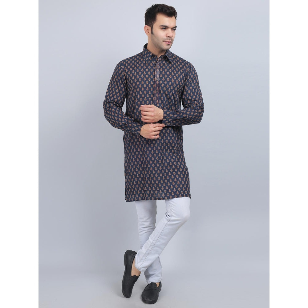 Spring Soul Navy Blue Shirt Collar Kurta In Comfort Fit