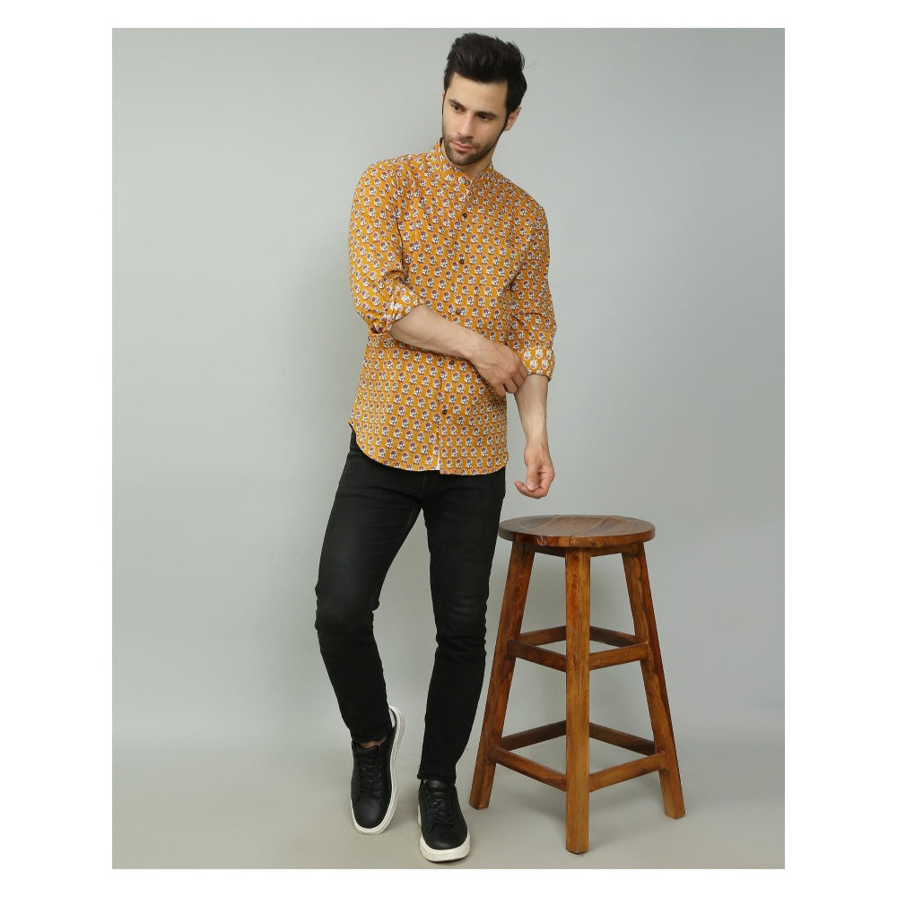 Spring Soul Cotton Printed Full Sleeves Band Collar Shirt Mustard
