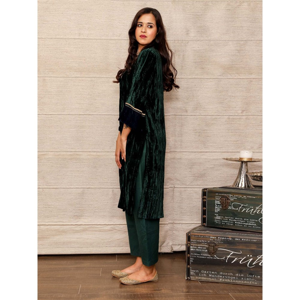 Spring Soul Dark Green Embroidered Velvet Silk Kurta with Mashru Silk Pant (Set of 2)