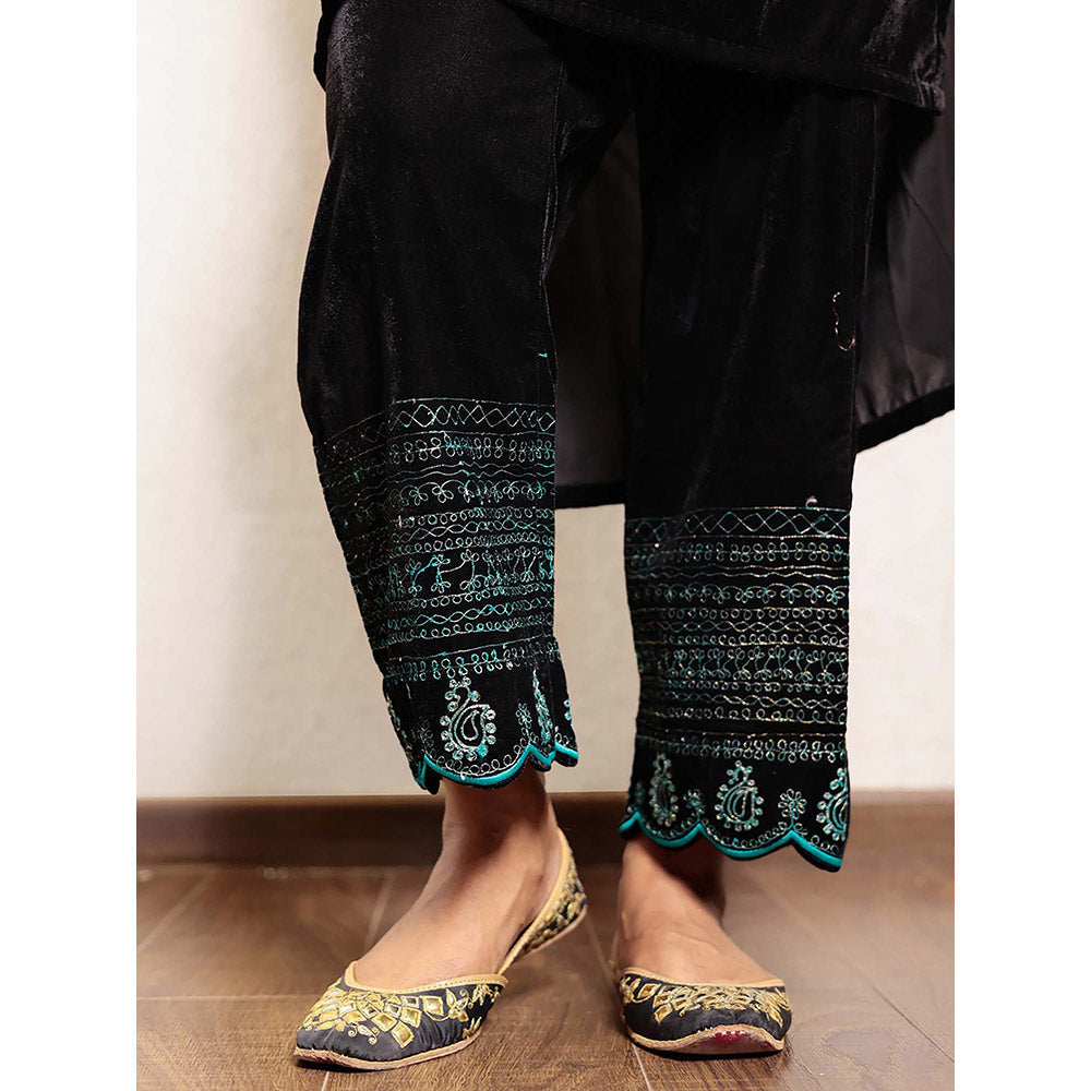 Spring Soul Black Embroidered Velvet Kurta With Pant (Set of 2)