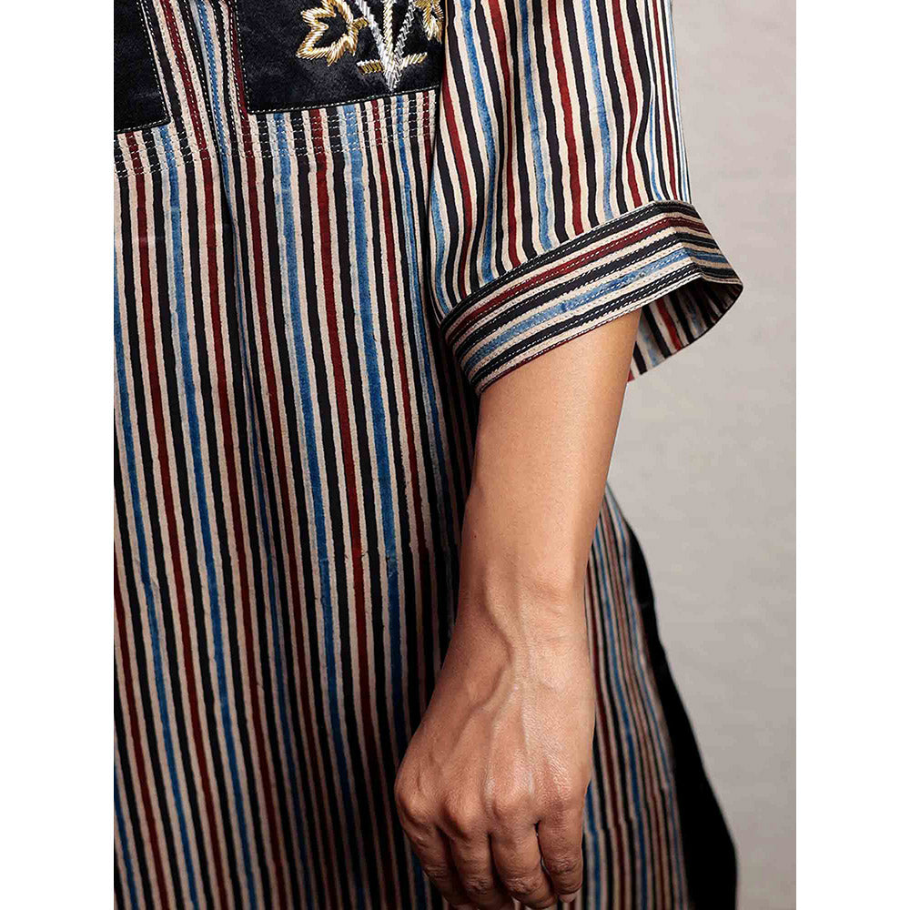 Spring Soul Multicolored Hand Embroidered Striped Modal Silk Kurta