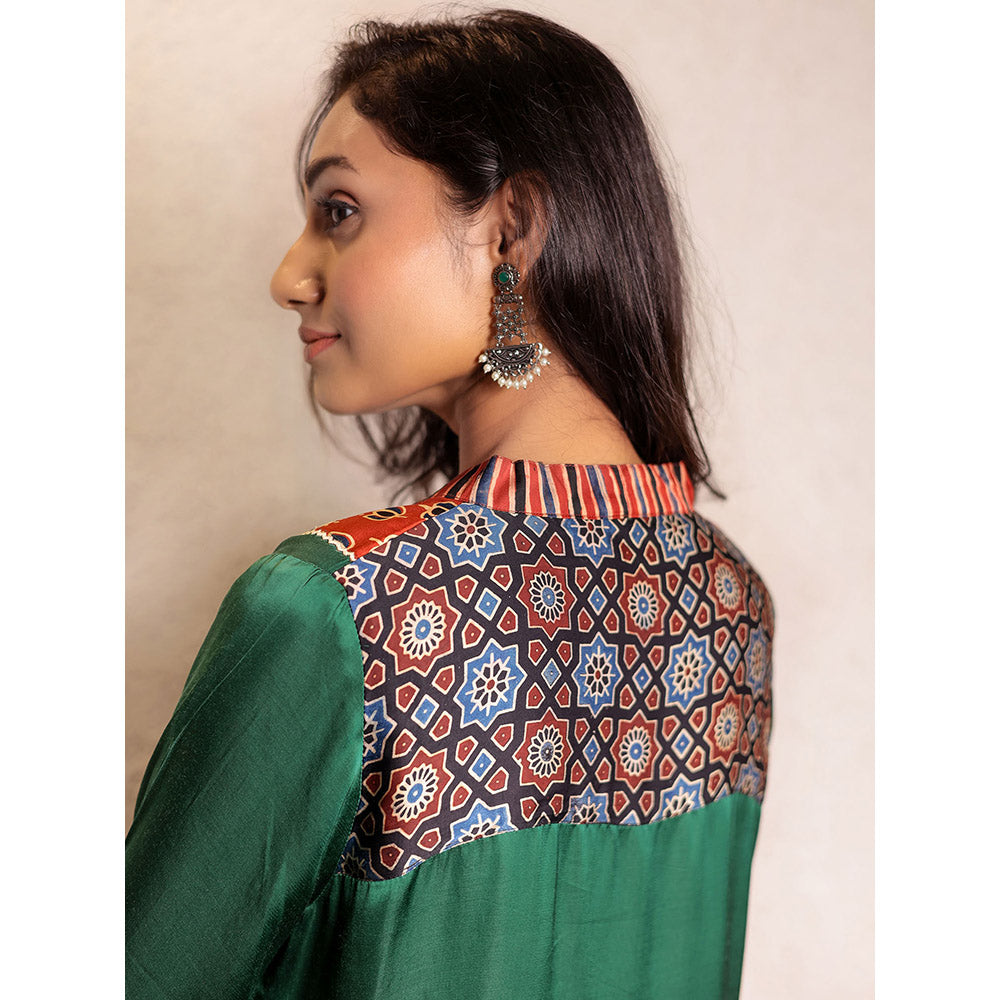 Spring Soul Green Asymmetric Modal Silk Kurta and Pant with Ajrakh Yoke Detailing (Set of 2)