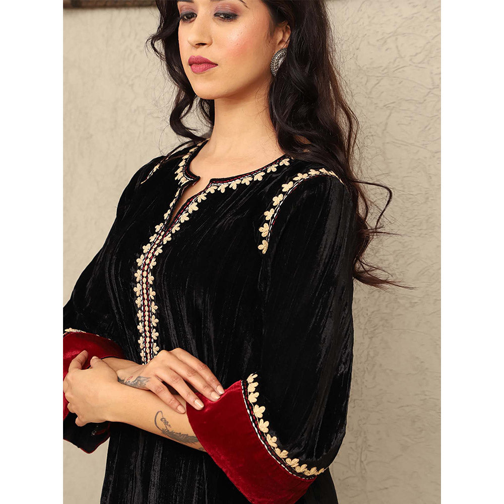 Spring Soul Black Crushed Velvet Embroidered Kurta