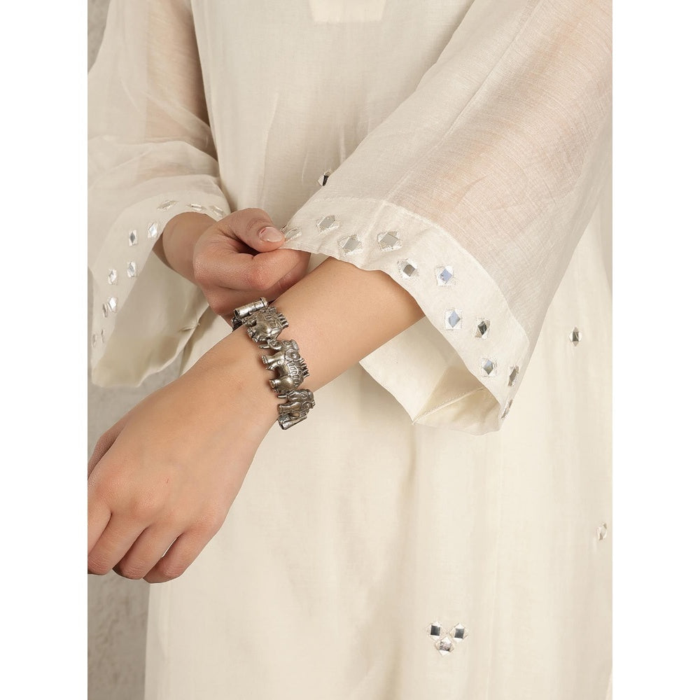 Spring Soul Off- White Mirror Work A-Line Kali Chanderi Suit