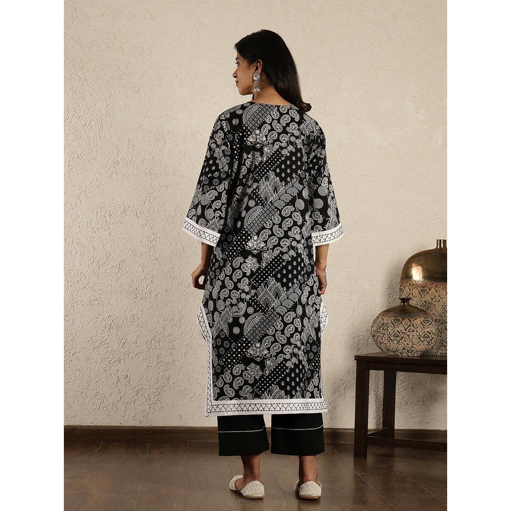 Spring Soul Black Hand Embroidered Printed Cotton Suit Set