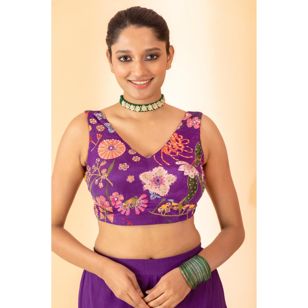 Sshilpa Samriya Purple Floral Printed Shrug with Bustier and Sharara (Set of 3)