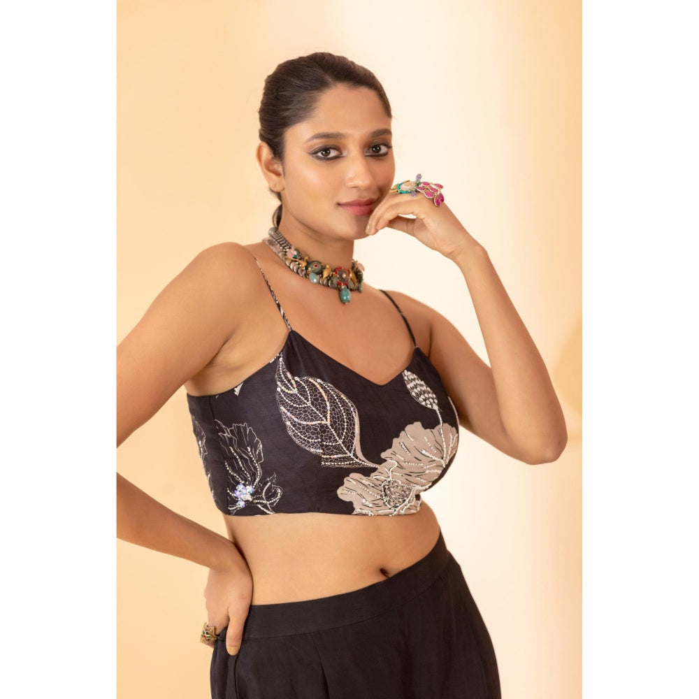 Sshilpa Samriya Black Floral Printed Shrug with Bustier and Palazzo (Set of 3)