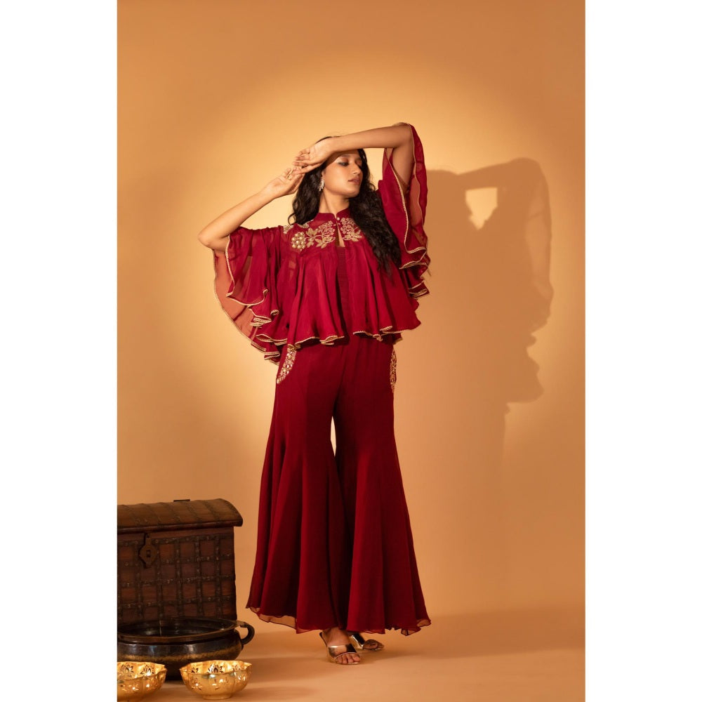 Sshilpa Samriya Maroon Jumpsuit with Embroidered Cape (Set of 2)