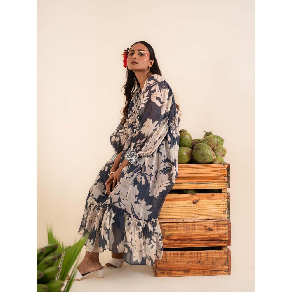 Sshilpa Samriya Indigo Blue Floral Print Midi Dress