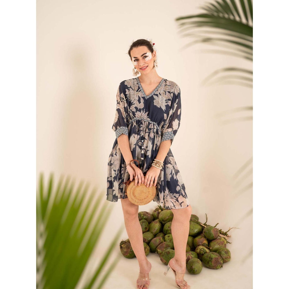 Sshilpa Samriya Indigo Blue Floral Print V Neck Mini Dress