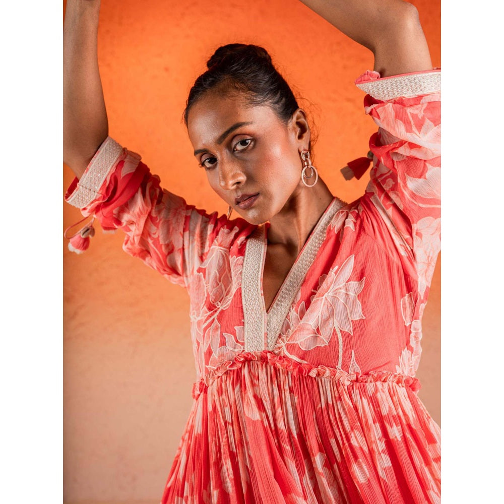 Sshilpa Samriya Georgia Peach Floral V Neck Mini Dress