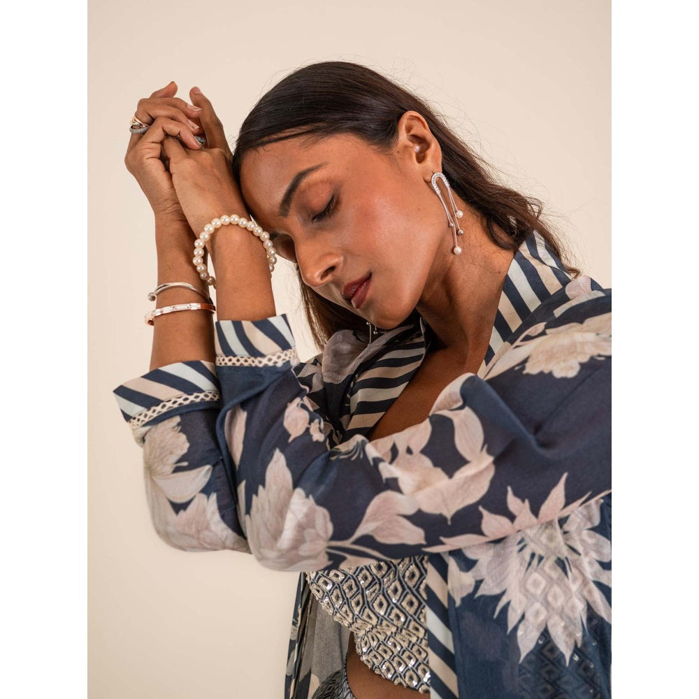 Sshilpa Samriya Indigo Blue Printed Jacket and Blouse with Pant (Set of 3)