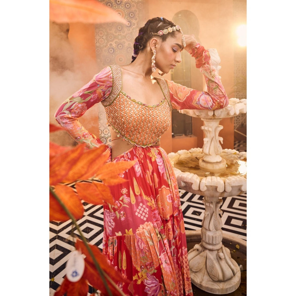 Sshilpa Samriya Red Layered Printed Embroidered Maxi Dress