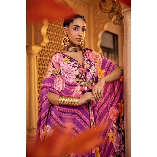 Sshilpa Samriya Purple Embroidered Floral Print Kaftan with Pant (Set of 2)