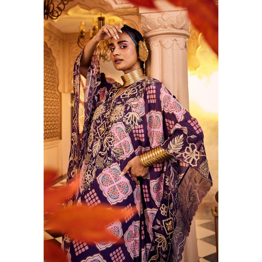Sshilpa Samriya Purple Embroidered V Neck Kaftan with Pant (Set of 2)
