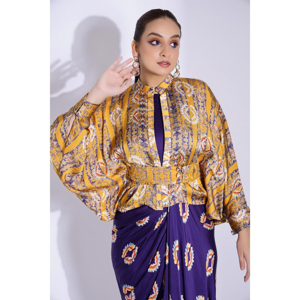 Studio Surbhi Printed Drape Maxi Dress with Kimono Shirt and Belt (Set of 3)
