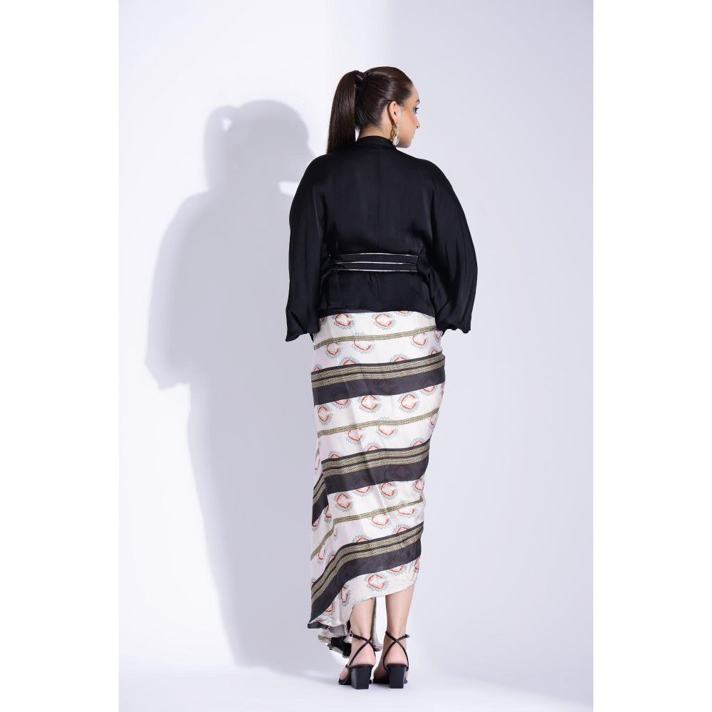 Studio Surbhi Navy Blue Printed Maxi Dress with Kimono Shirt and Belt (Set of 3)