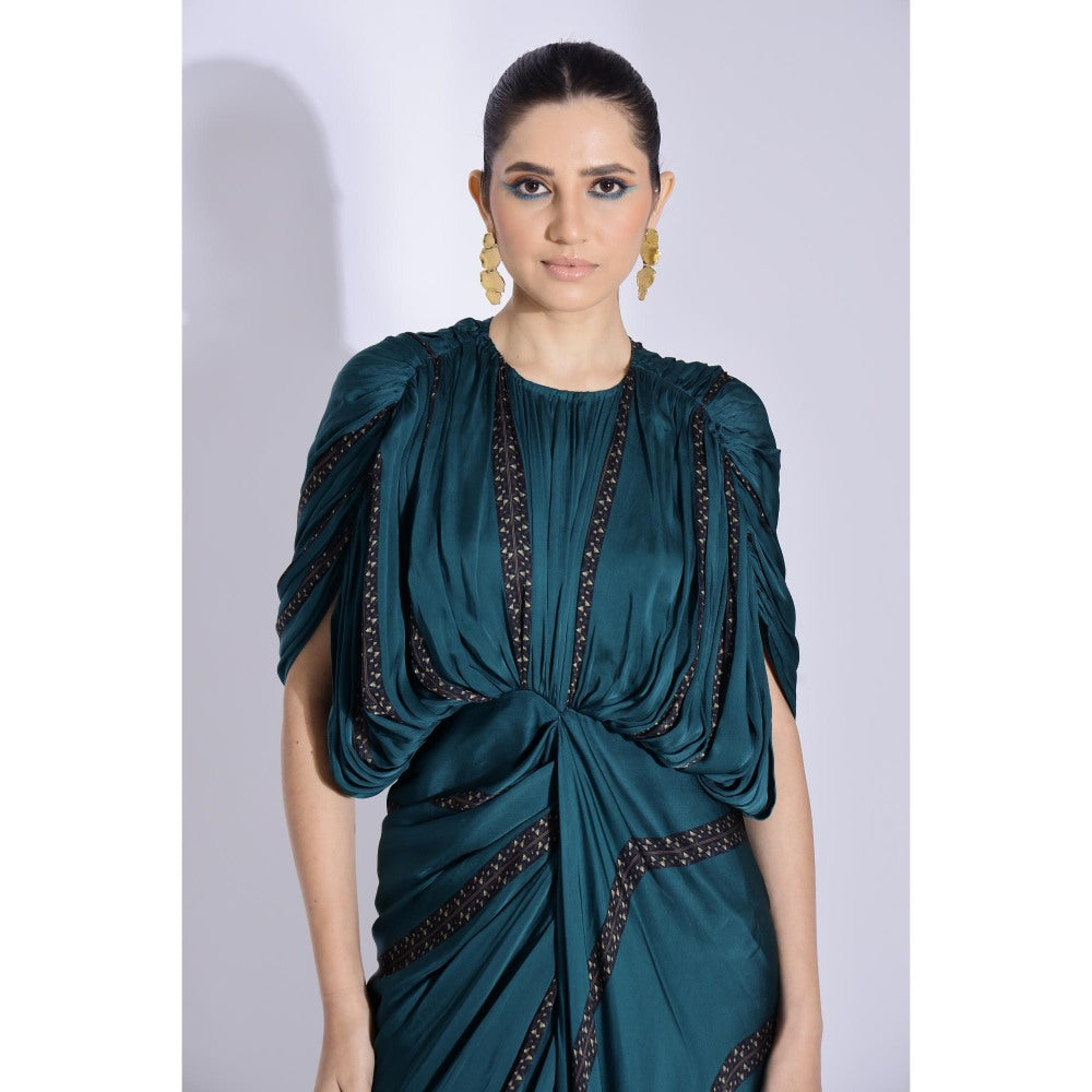 Studio Surbhi Teal Printed Hand Draped Maxi Dress