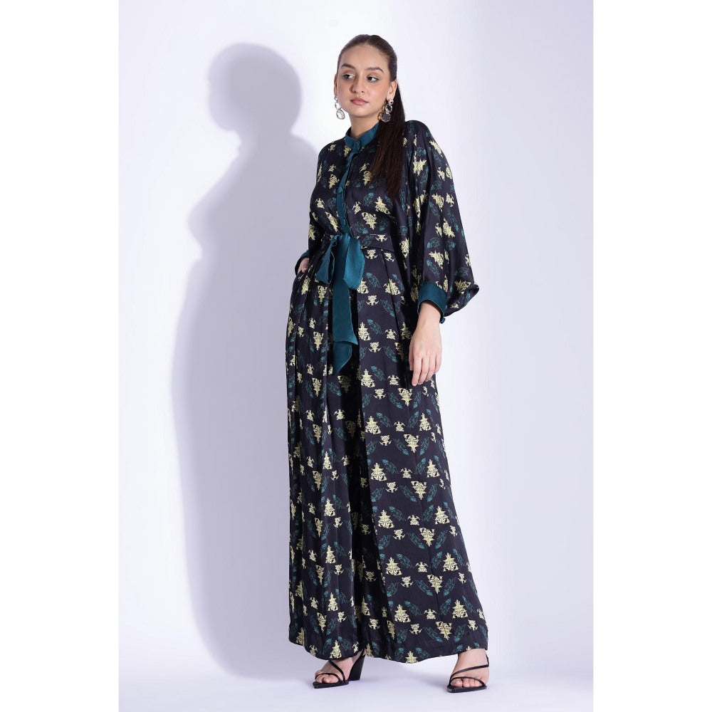 Studio Surbhi Black Printed Kimono Jumpsuit with Belt (Set of 2)