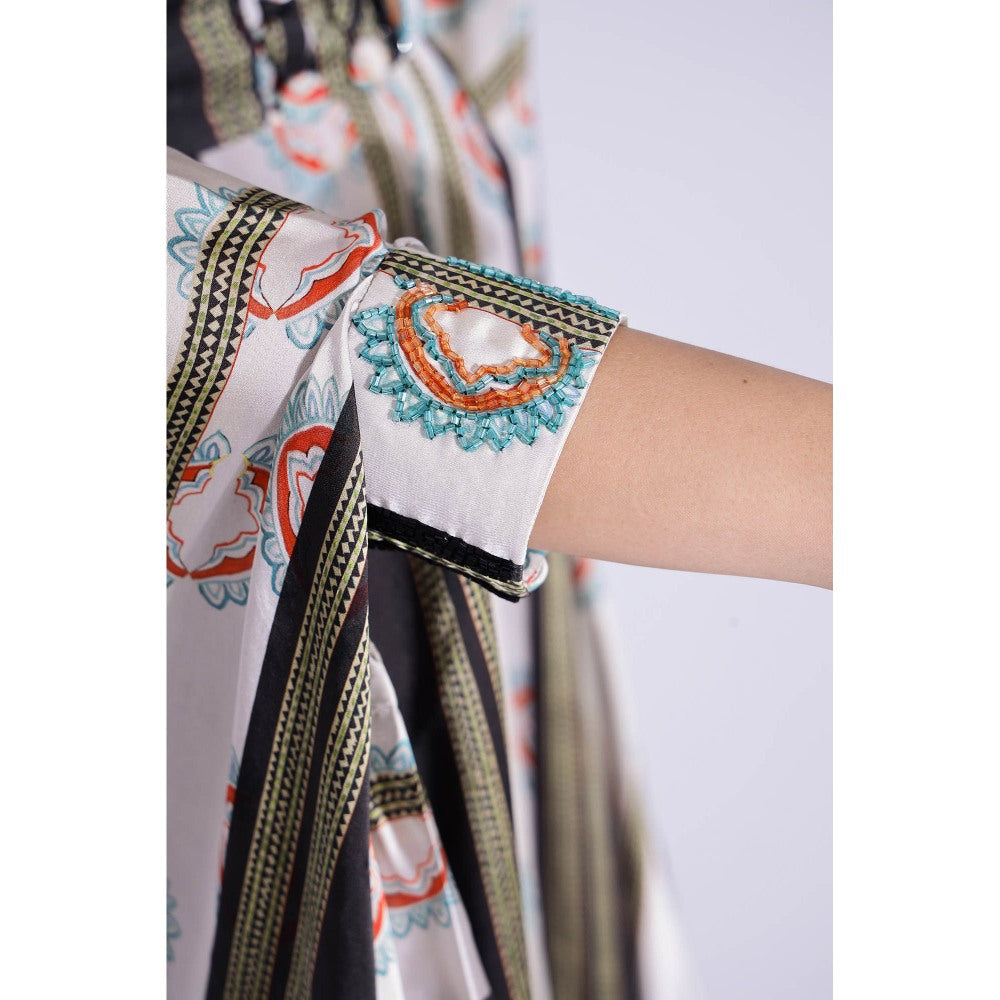 Studio Surbhi Multicolor Georgette Satin Embellished Kaftan with Pant and Belt (Set of 3)