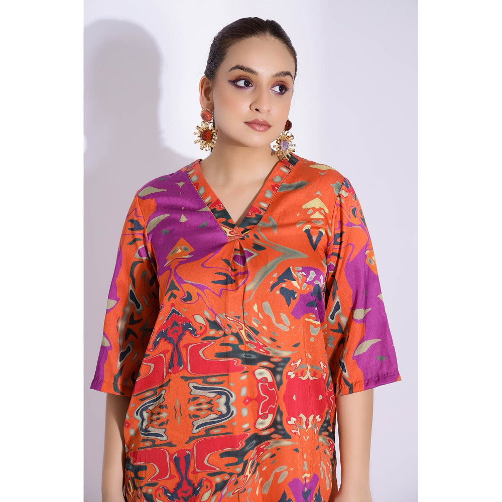 Studio Surbhi Orange Cotton Silk Printed V Neck Kurta and Pant (Set of 2)