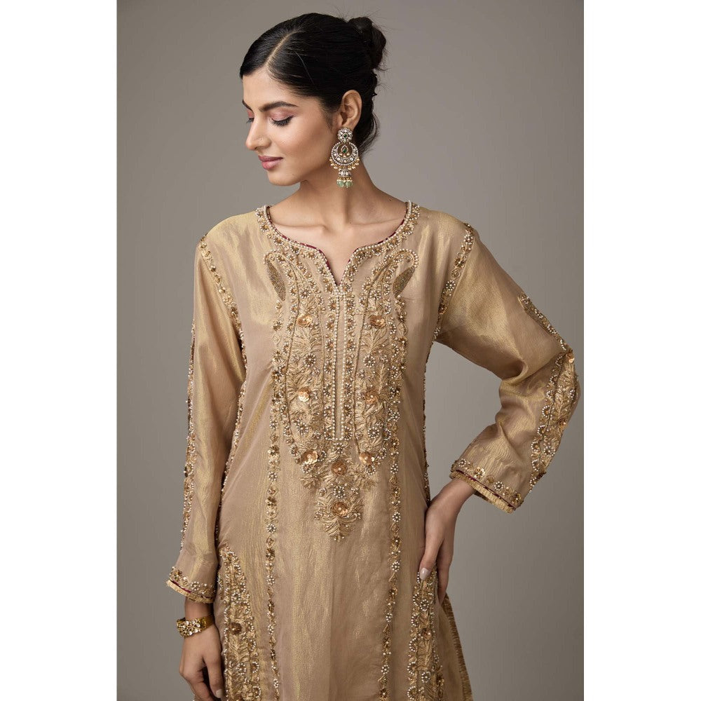 Studio A Brown Tissue Dori Hand Embroidered Kurta with Pant (Set of 2)