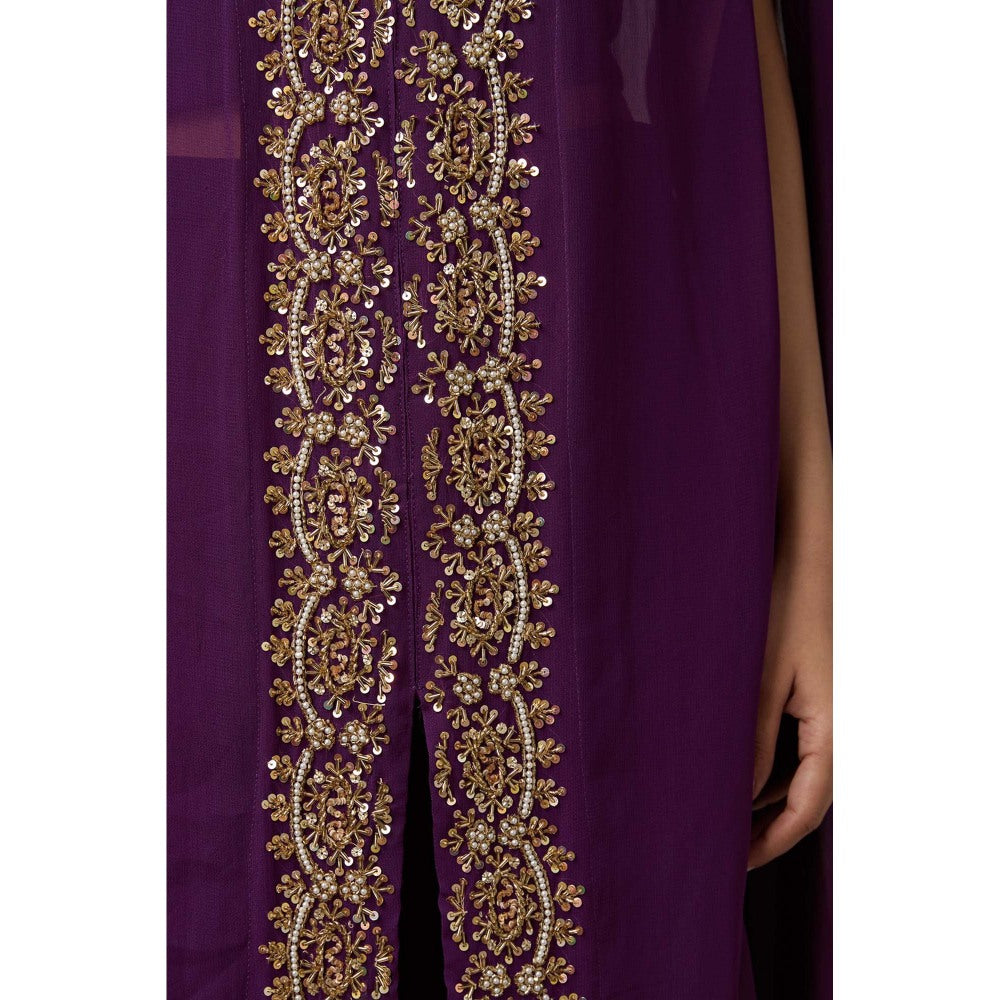 Studio A Purple Georgette Hand Embroidered Cape with Blouse and Pant (Set of 3)