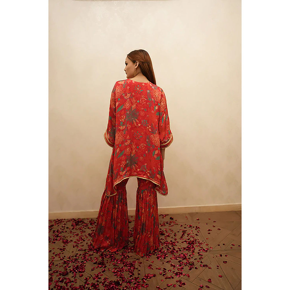Studio Chiraiya Red Soft Designer Printed Crape Kurti with Sharara (Set of 2)