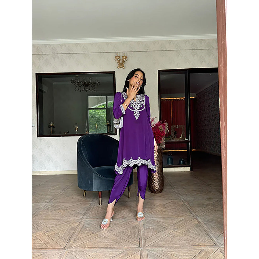 Studio Chiraiya Deep Purple Dabka Hand Work Kurta with Dhoti (Set of 2)