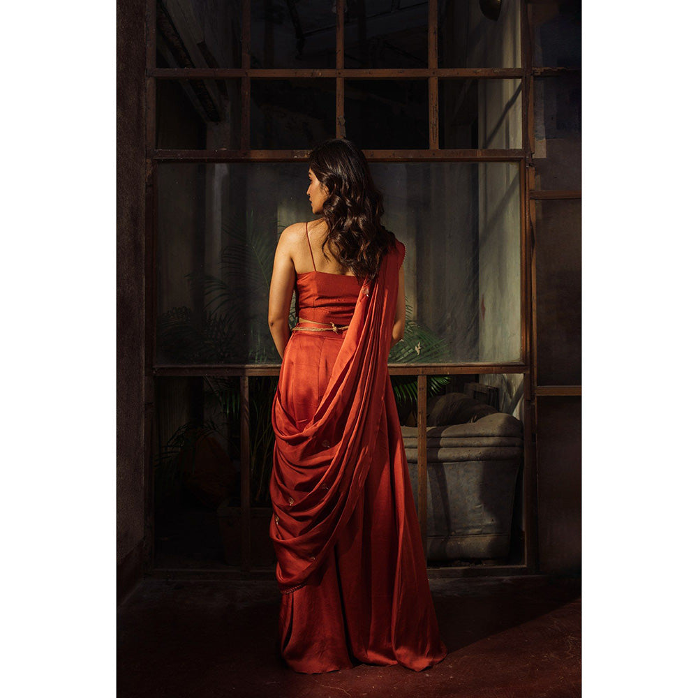Suave by Neha Arora Rust Savannah Ready To Wear Saree With Stitched Blouse and Belt