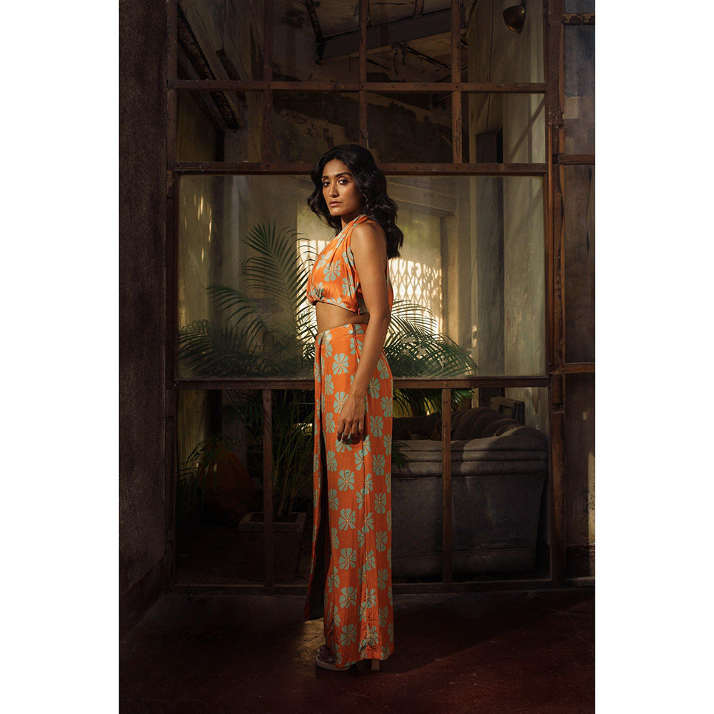 Suave by Neha Arora Orange Bloom Halter Co-Ord (Set of 2)