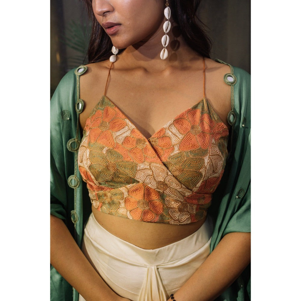 Suave by Neha Arora Green Meadow Cape With Crop Top And Skirt (Set of 3)