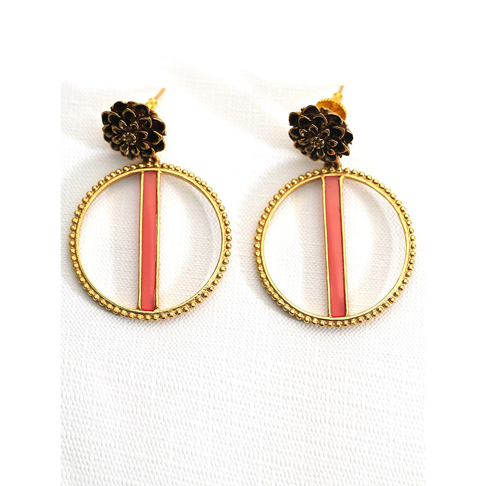 Suhani Pittie Gold Plated Marigold And Round Earring With Orange Acrylic Strip On Center