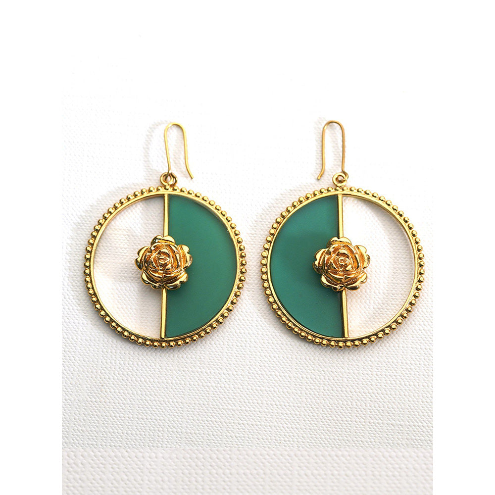 Suhani Pittie Gold Plated Round Earring With 3Drose And Half Basil Green Acrylic On One Side