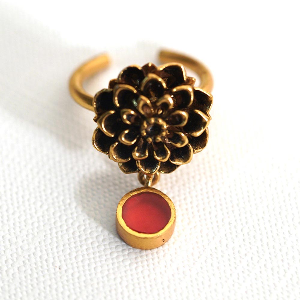 Suhani Pittie Gold Plated Marigold Flower Ring With Rust Orange Ac Hanging