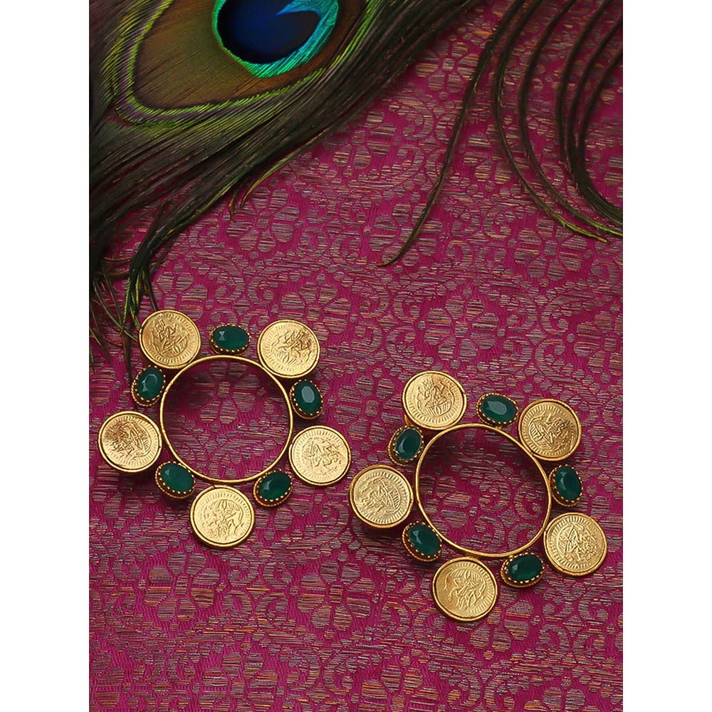 Suhani Pittie Gold coin hoop Drop earrings with green crystals