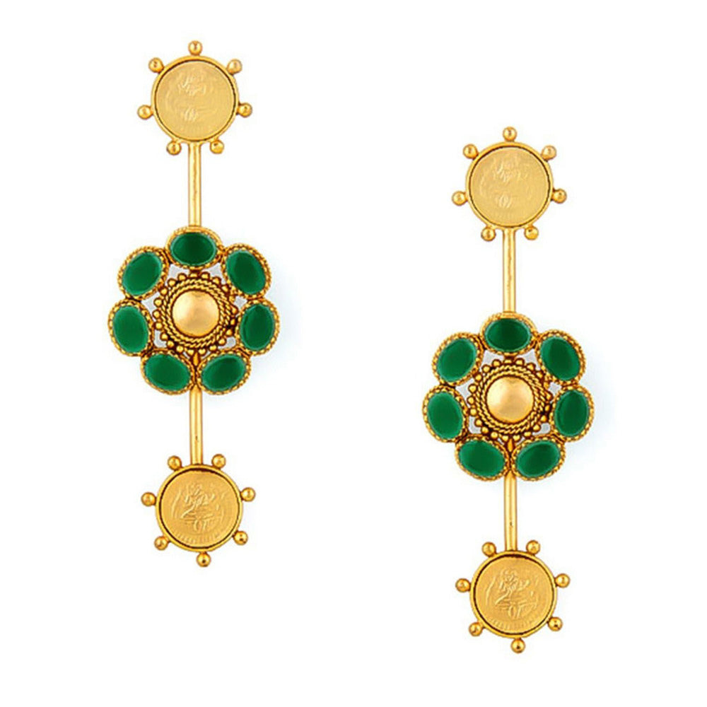 Suhani Pittie Gold Sun Flower Drop earrings with green crystals