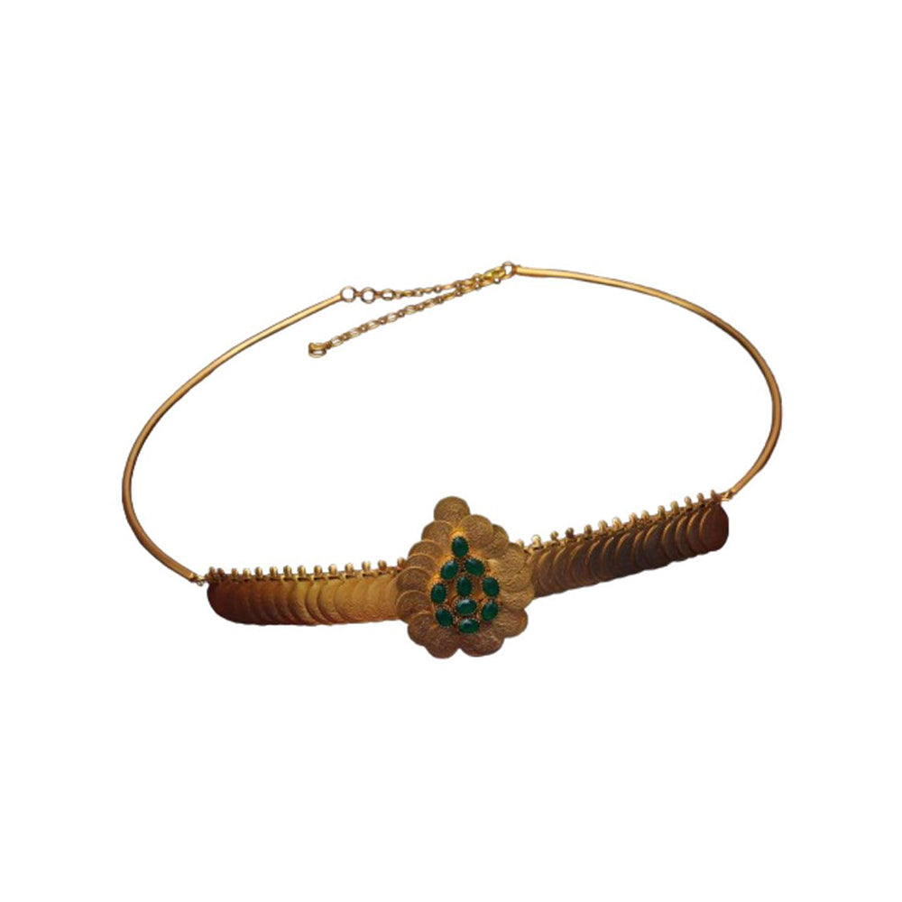 Suhani Pittie Gold coin layered belt with emerald green crystals Choker Necklace