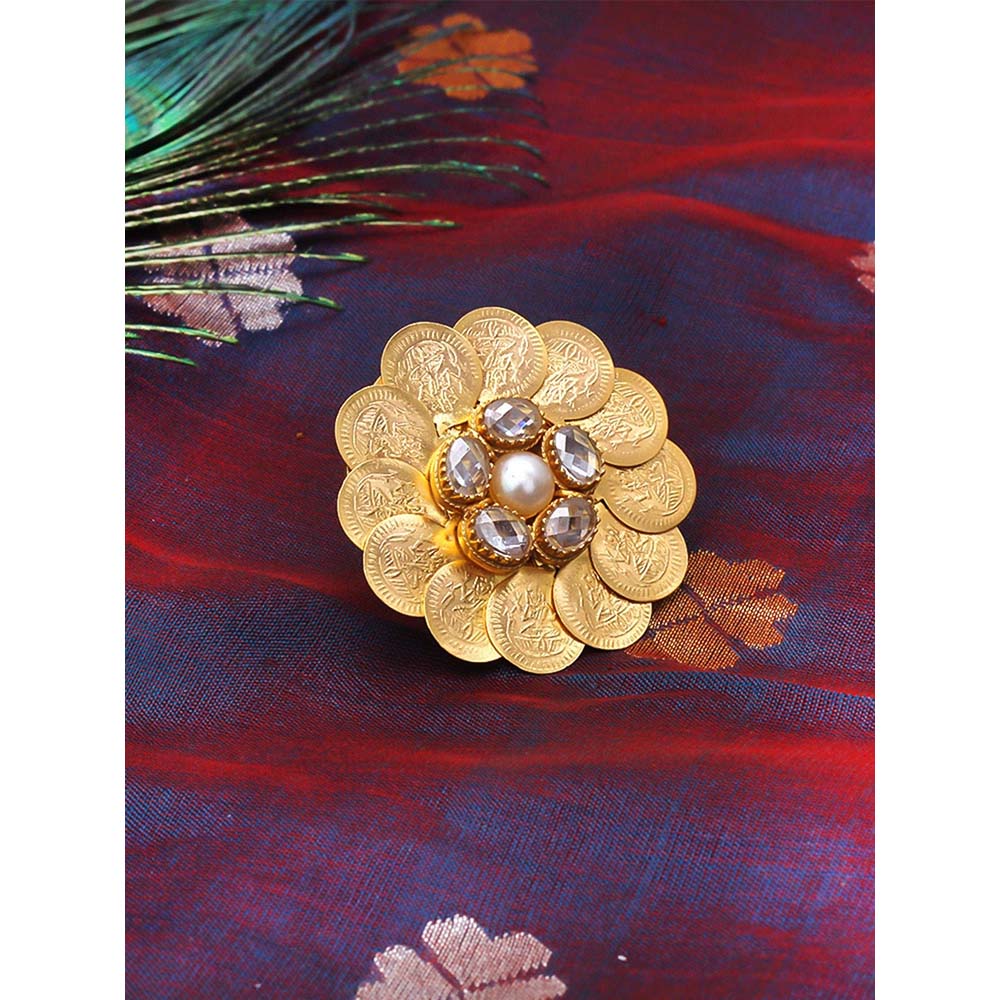 Suhani Pittie Gold coin pankha ring with crystal and pearl flower center