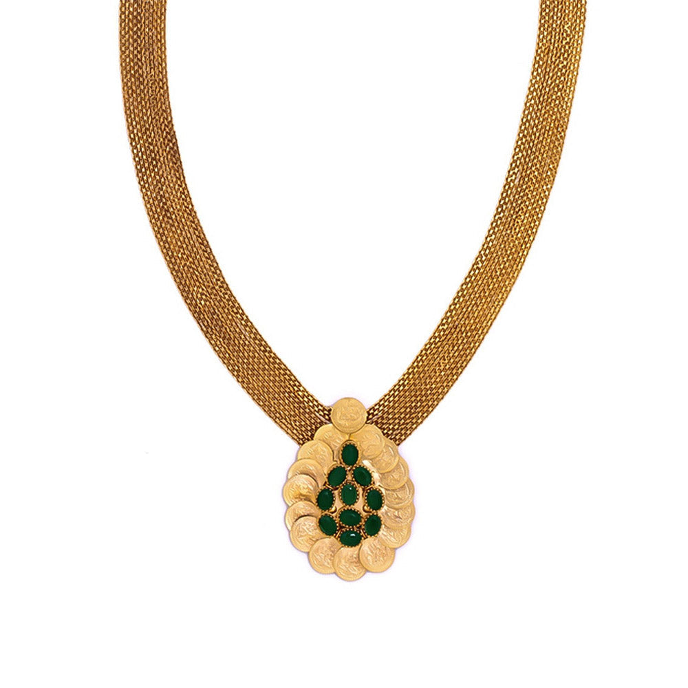 Suhani Pittie Gold coin neckpiece with teardrop pendant and green crystals