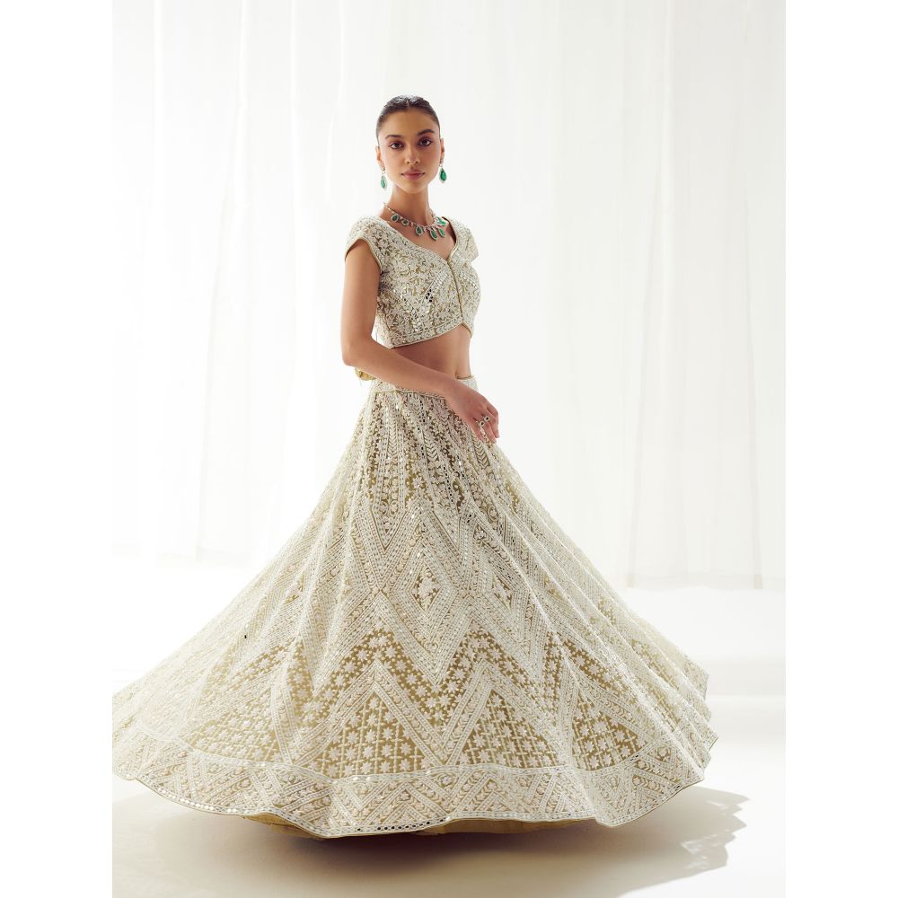 SUHINO Green Net Lehenga Blouse & Dupatta (Set of 3)