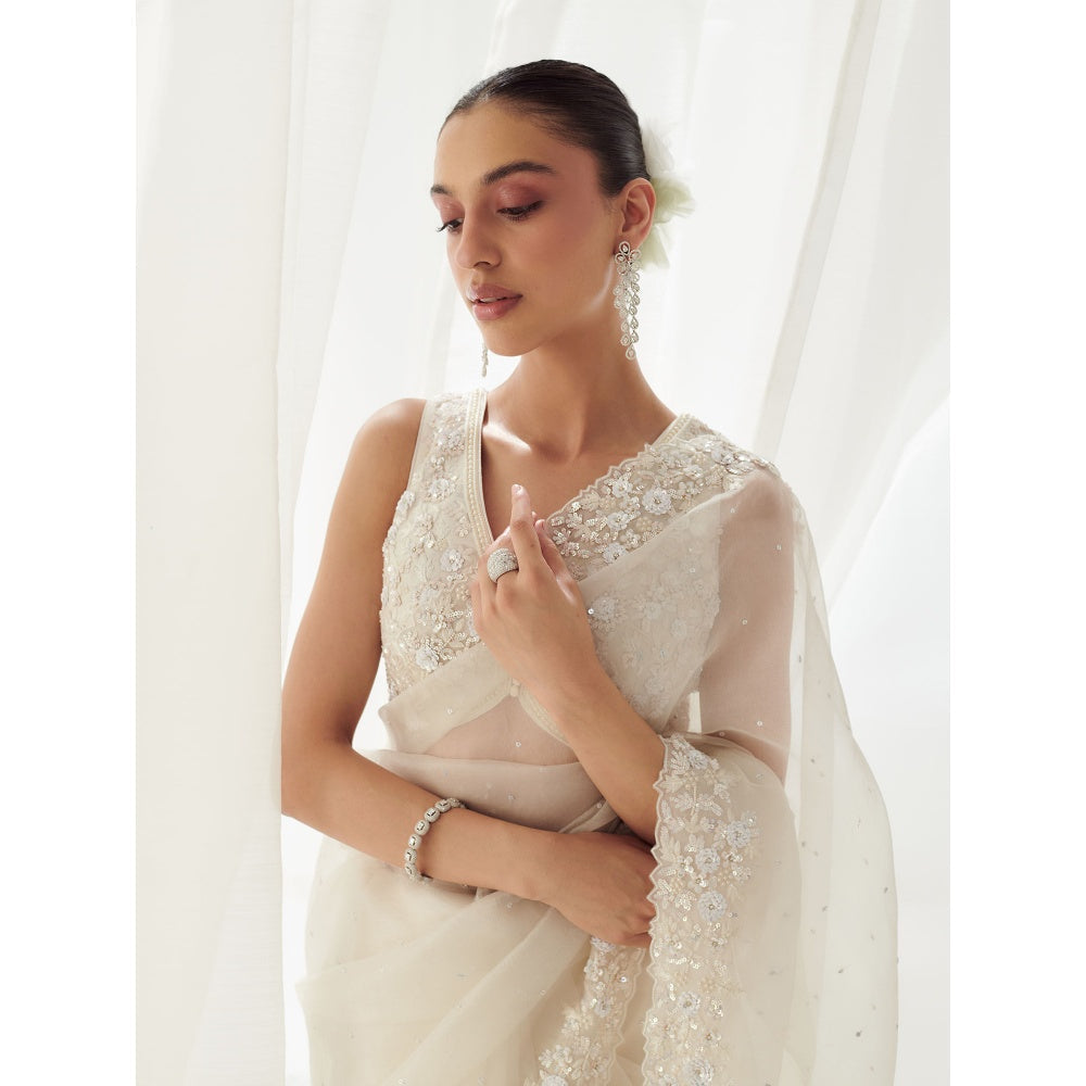 SUHINO White Organza Saree with Blouse & Petticoat with Stitched Blouse