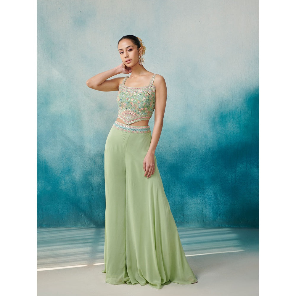 SUHINO Green Georgette Sharara Blouse & Cape (Set of 3)